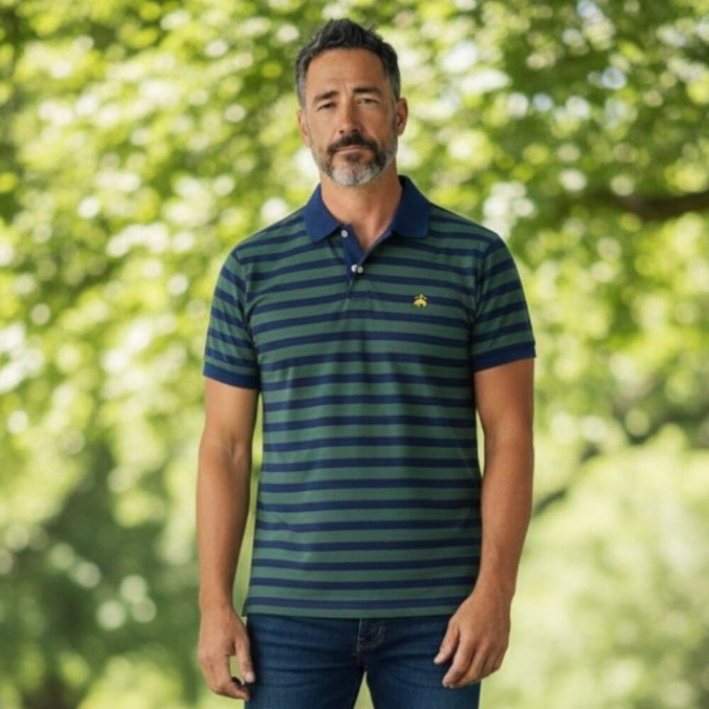 Brooks Brothers Slim Fit Polo Shirt Mens Medium Green Blue Stripe Stretch Cotton
